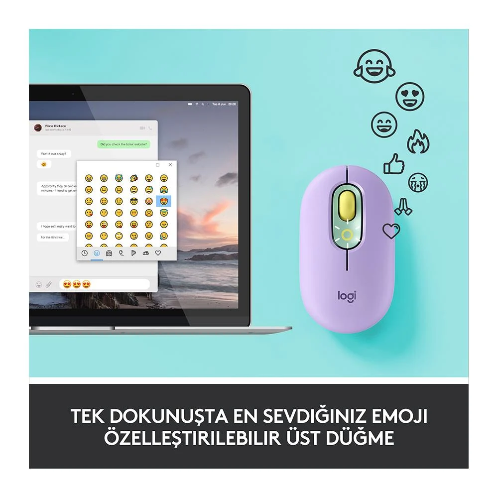 Logitech Pop Blast Emoji Tuşlu Silent Sessiz  Kablosuz Mouse  Mint Lila